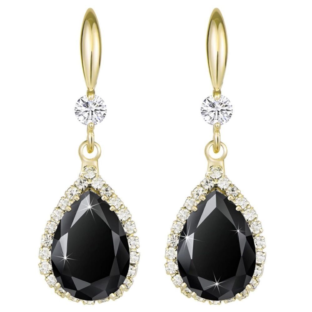 14K Yellow Gold with Black Onyx Cubic Zirconia Teardrop Hook Dangling Earrings